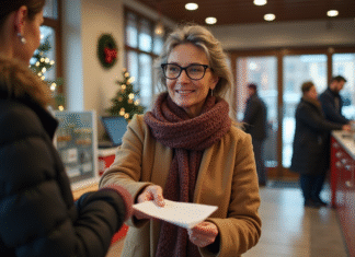 Chèque de Noël : conditions et bénéficiaires en France Femme française recevant un cheque de Noel à la poste