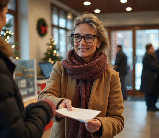 Chèque de Noël : conditions et bénéficiaires en France Femme française recevant un cheque de Noel à la poste