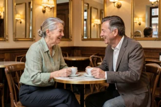 Femme de 65-70 ans riant avec un homme à la terrasse d'un café français lors d'une rencontre romantique
