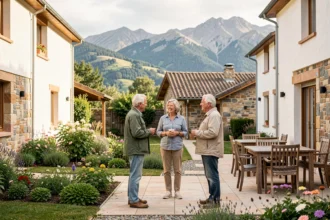 Vue d'ensemble d'une résidence senior dans les Pyrénées-Atlantiques avec jardin et architecture basque
