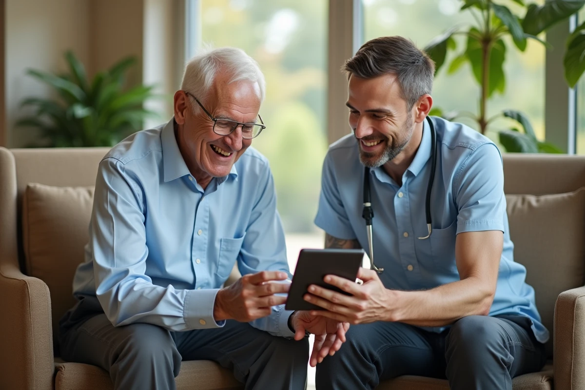 Aide à domicile montrant une application sur tablette à un résident âgé