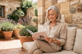 Résidente senior heureuse dans la cour ensoleillée d'une résidence seniors à Nîmes, lisant un magazine parmi des plantes méditerranéennes