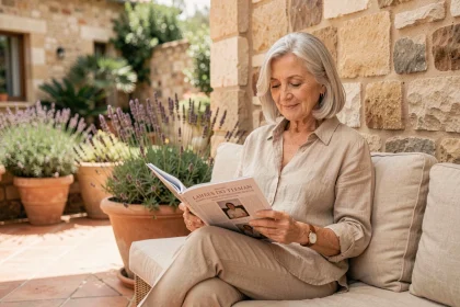 Résidente senior heureuse dans la cour ensoleillée d'une résidence seniors à Nîmes, lisant un magazine parmi des plantes méditerranéennes