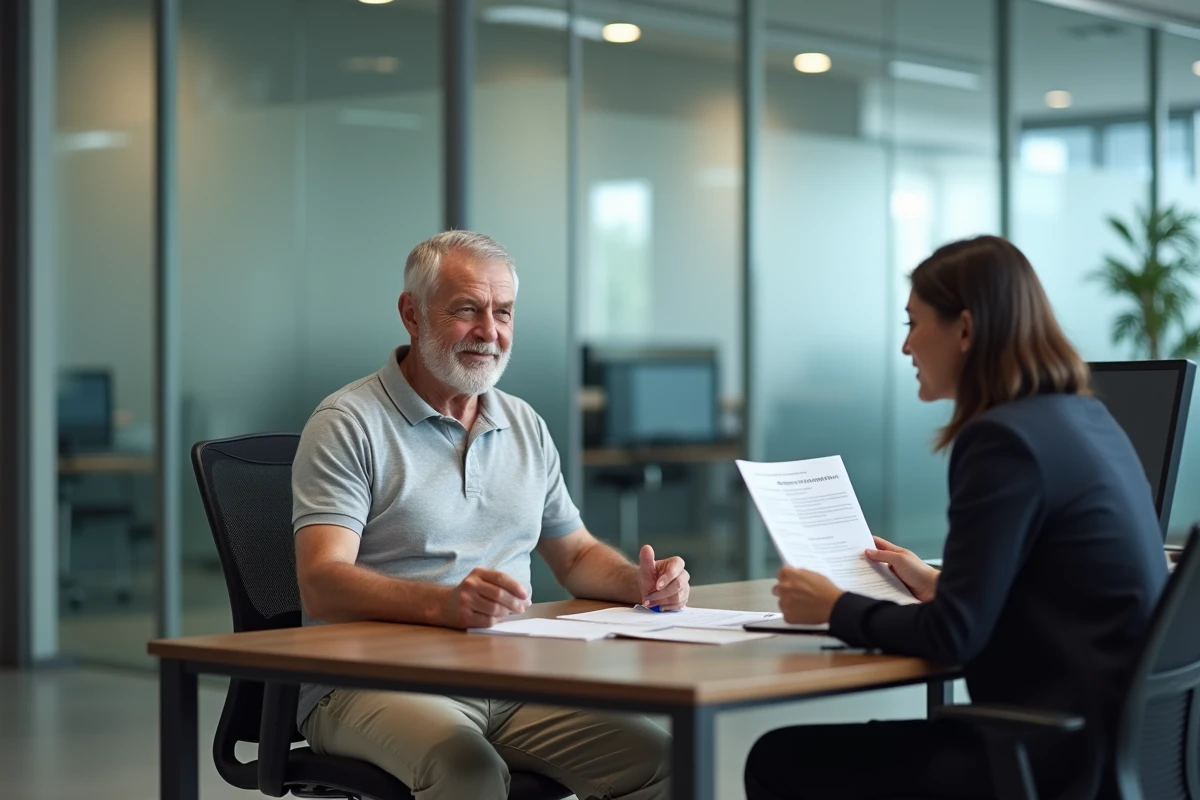 Retraité en consultation avec un conseiller bancaire pour comprendre les avantages cachés de son contrat SG Retraités