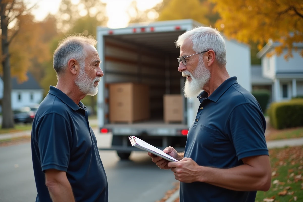 Retraité discutant avec un déménageur professionnel devant un camion de déménagement