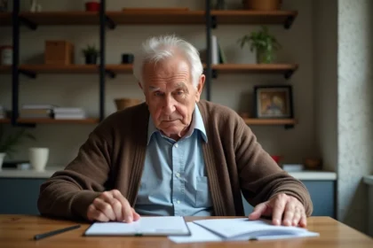 Homme retraité examine ses documents financiers à la maison