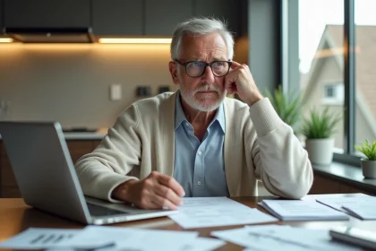 Homme retraité regardant des documents financiers à la maison