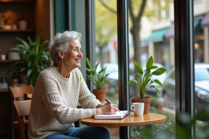 Femme retraitée souriante dans un café cosy en train de lire
