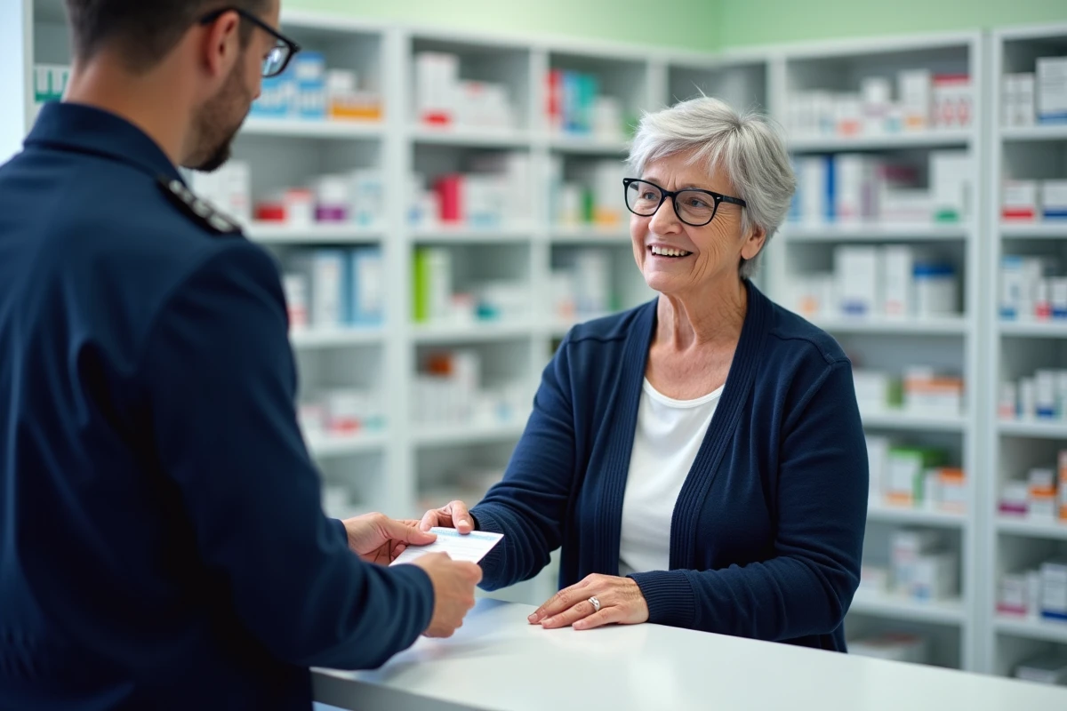 Retraitée utilisant sa carte mutuelle SG Retraités dans une pharmacie moderne pour réduire ses dépenses de santé