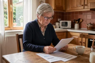 Retraitée consultant ses relevés de retraite complémentaire Agirc-Arrco à la table de sa cuisine