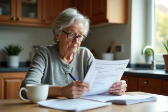 Retraitée lisant son relevé bancaire à la cuisine après la mensualisation Agirc-Arrco