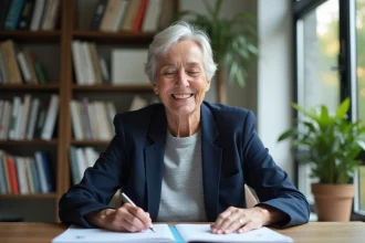 Femme retraitée travaillant à temps partiel depuis son bureau à domicile, consultant des documents professionnels