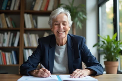 Femme retraitée travaillant à temps partiel depuis son bureau à domicile, consultant des documents professionnels