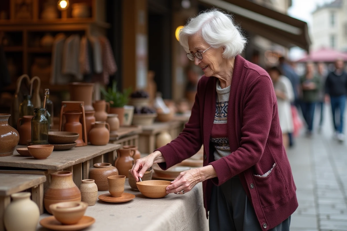 Retraitée vendant des articles artisanaux sur un marché, activité complémentaire pour arrondir sa pension