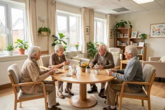 Salon lumineux d'un centre d'accueil pour personnes âgées