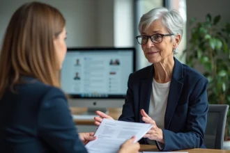 Femme senior de 63 ans en entretien avec une conseillère Pôle Emploi pour négocier son projet personnalisé d'accès à l'emploi