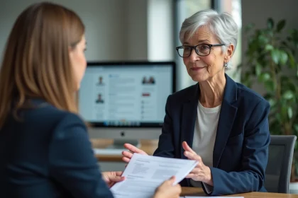 Femme senior de 63 ans en entretien avec une conseillère Pôle Emploi pour négocier son projet personnalisé d'accès à l'emploi