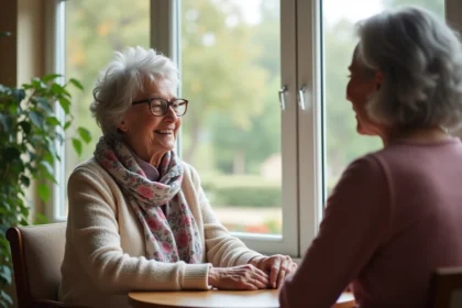 Femme âgée souriante avec sa fille dans un EHPAD