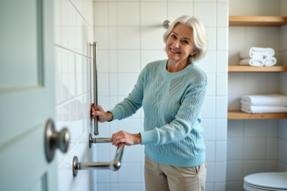 Femme senior dans sa salle de bain avec barre d'appui chrome