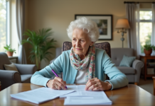 Budget maison de retraite : combien prévoir pour financer ? Femme âgée vérifiant ses factures dans un salon lumineux