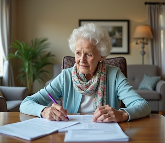 Budget maison de retraite : combien prévoir pour financer ? Femme âgée vérifiant ses factures dans un salon lumineux