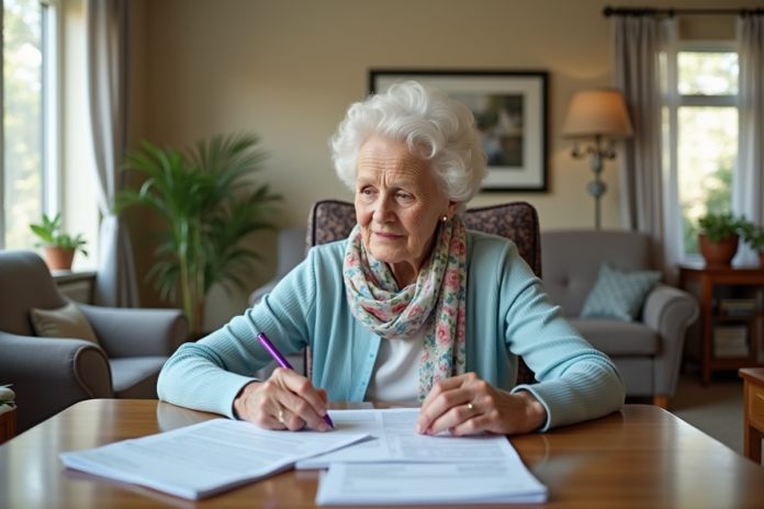 senior-femme-paiements-bills Femme âgée vérifiant ses factures dans un salon lumineux