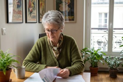 Femme senior calme examinant documents de santé à la maison