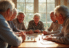 Groupe de seniors jouant à des jeux de société dans une salle lumineuse