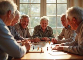 Activités pour seniors : Comment occuper efficacement les personnes âgées ? Groupe de seniors jouant à des jeux de société dans une salle lumineuse