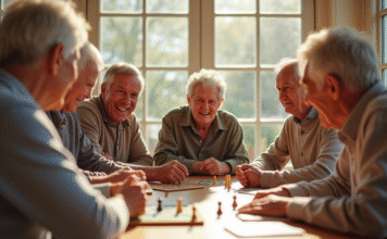 Activités pour seniors : Comment occuper efficacement les personnes âgées ? Groupe de seniors jouant à des jeux de société dans une salle lumineuse