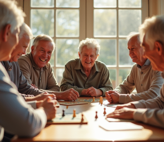 Groupe de seniors jouant à des jeux de société dans une salle lumineuse
