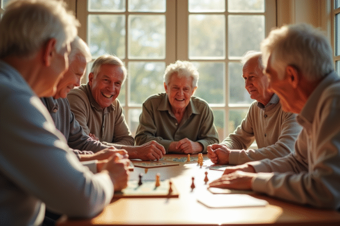Groupe de seniors jouant à des jeux de société dans une salle lumineuse