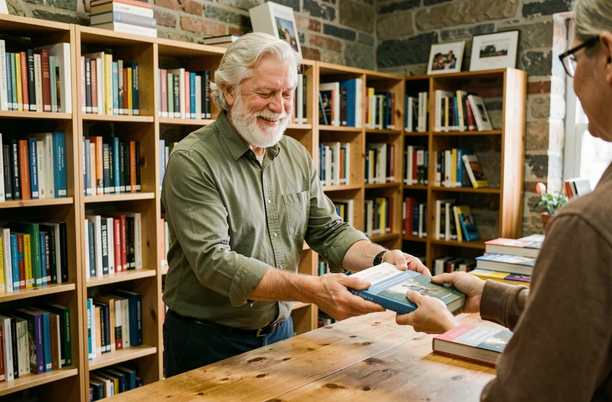 Senior retraité travaillant à temps partiel dans une bibliothèque communautaire, aidant les clients avec une expression bienveillante