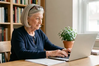 Senior retraitée travaillant à temps partiel depuis son bureau à domicile, consultant des documents sur ordinateur portable