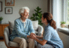 Aide à domicile : comment Philia ADMR améliore le quotidien des seniors Seniore souriante avec aidant dans un salon chaleureux