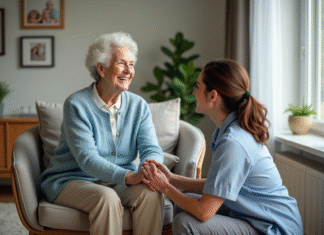 Aide à domicile : comment Philia ADMR améliore le quotidien des seniors Seniore souriante avec aidant dans un salon chaleureux