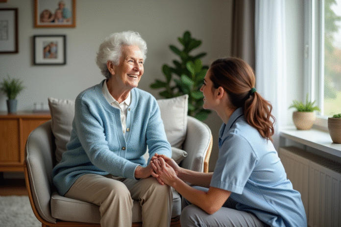 seniore-avec-soignant-salon Seniore souriante avec aidant dans un salon chaleureux