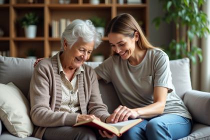 Femme âgée avec une aidante partage un moment de lecture chaleureux