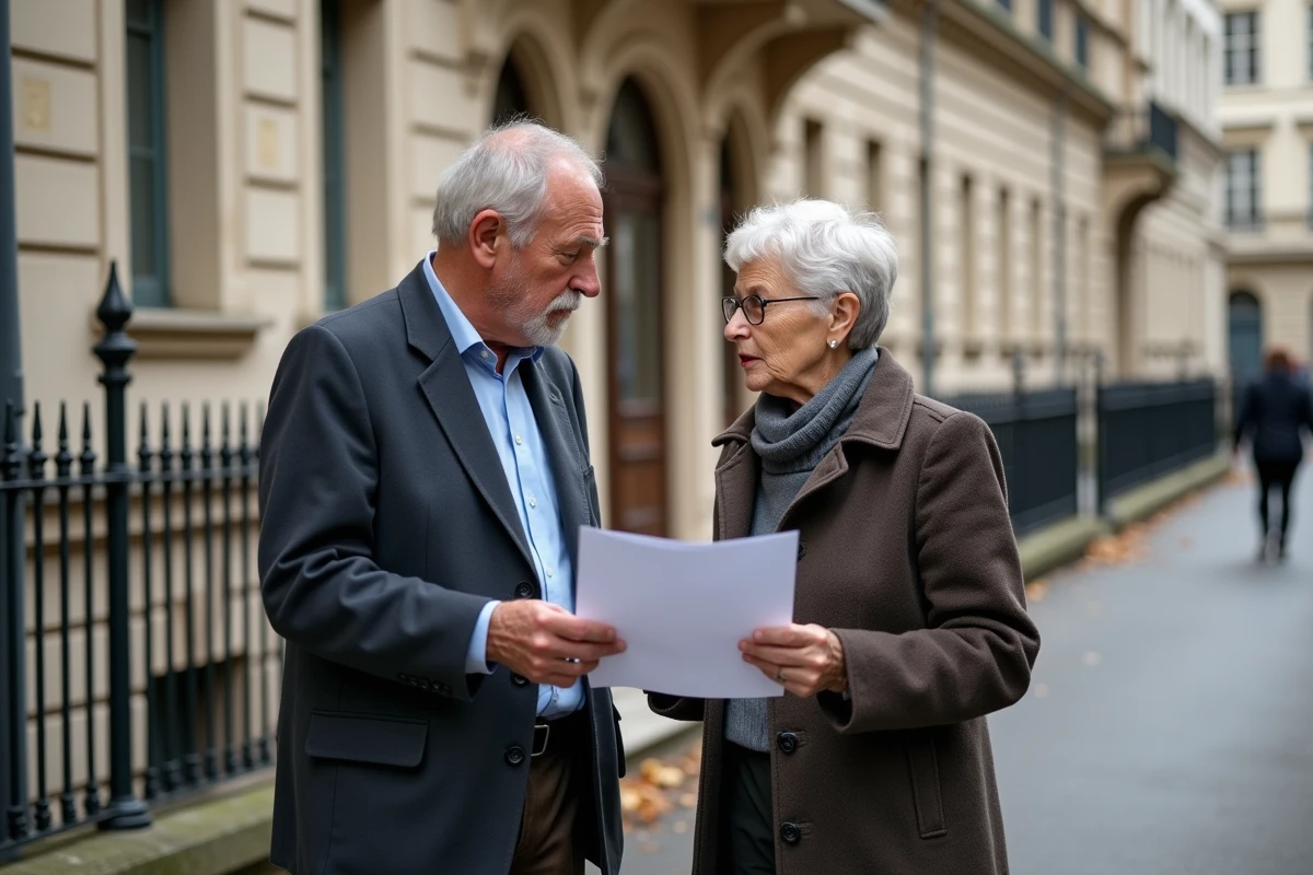 Deux seniors français discutant d'un document sur les pensions devant un bâtiment administratif