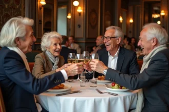 Groupe de seniors parisiens souriants portant un toast dans une brasserie classique lors d'une soirée entre amis