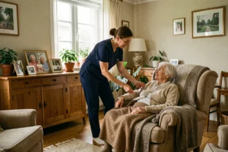 Aide à domicile dans le Val-d'Oise : une auxiliaire de vie accompagne une personne âgée à son domicile