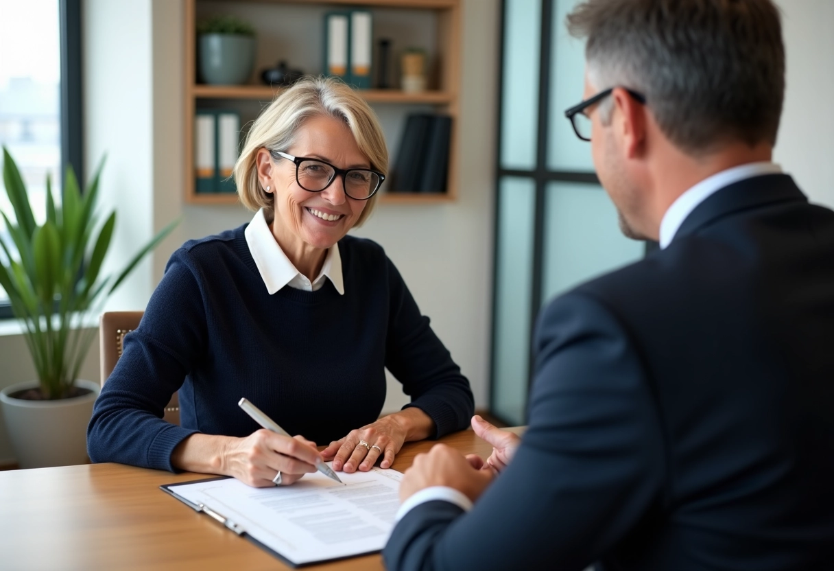 Femme signant un document avec un notaire dans un bureau moderne