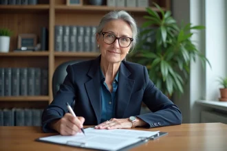 Femme professionnelle signant un contrat de service d'aide à domicile dans un bureau administratif