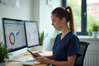 Infirmière en blouse navy utilisant une tablette dans un bureau moderne