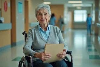 Femme assise en fauteuil roulant à la sortie d'un hôpital tenant ses documents de sortie d'hospitalisation