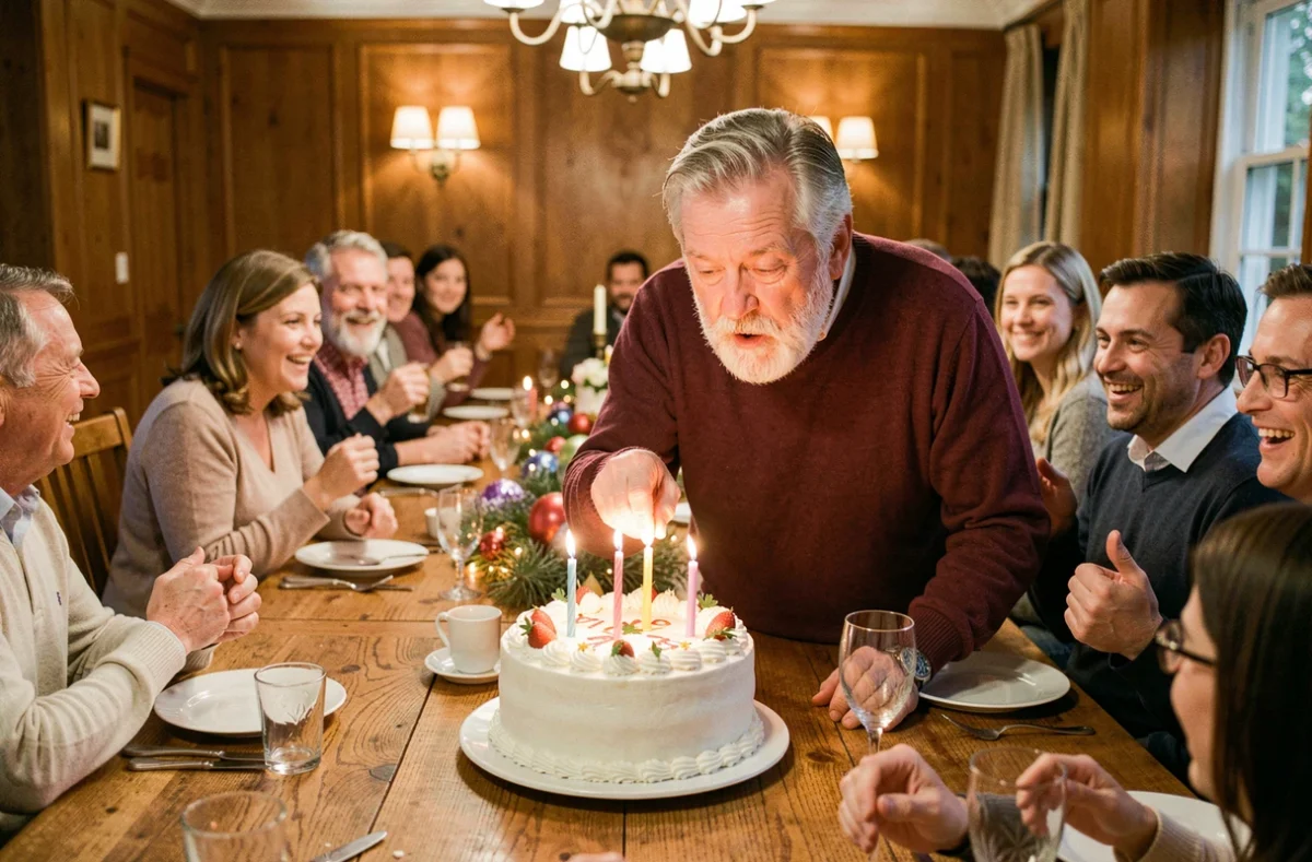 Homme de 70 ans soufflant les bougies de son gâteau d'anniversaire entouré de sa famille dans une salle à manger chaleureuse