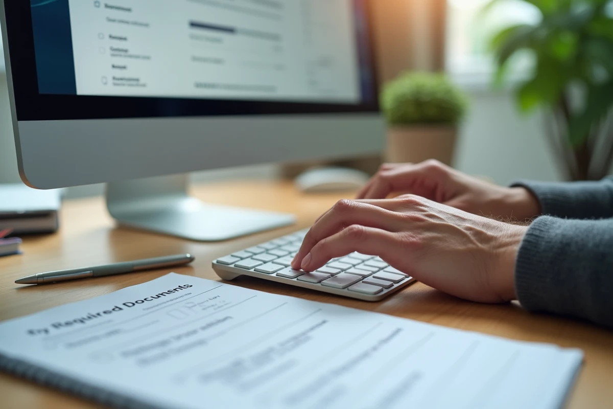 Gros plan sur des mains en train de soumettre des documents administratifs sur un portail en ligne de retraite complémentaire