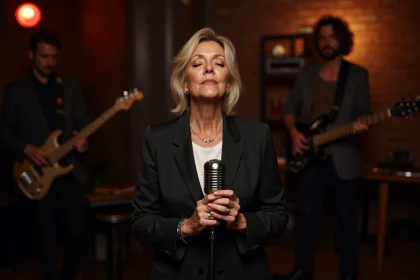 Chanteuse mature sur scène tenant un micro vintage les yeux fermés dans un club de musique intimiste aux murs en briques
