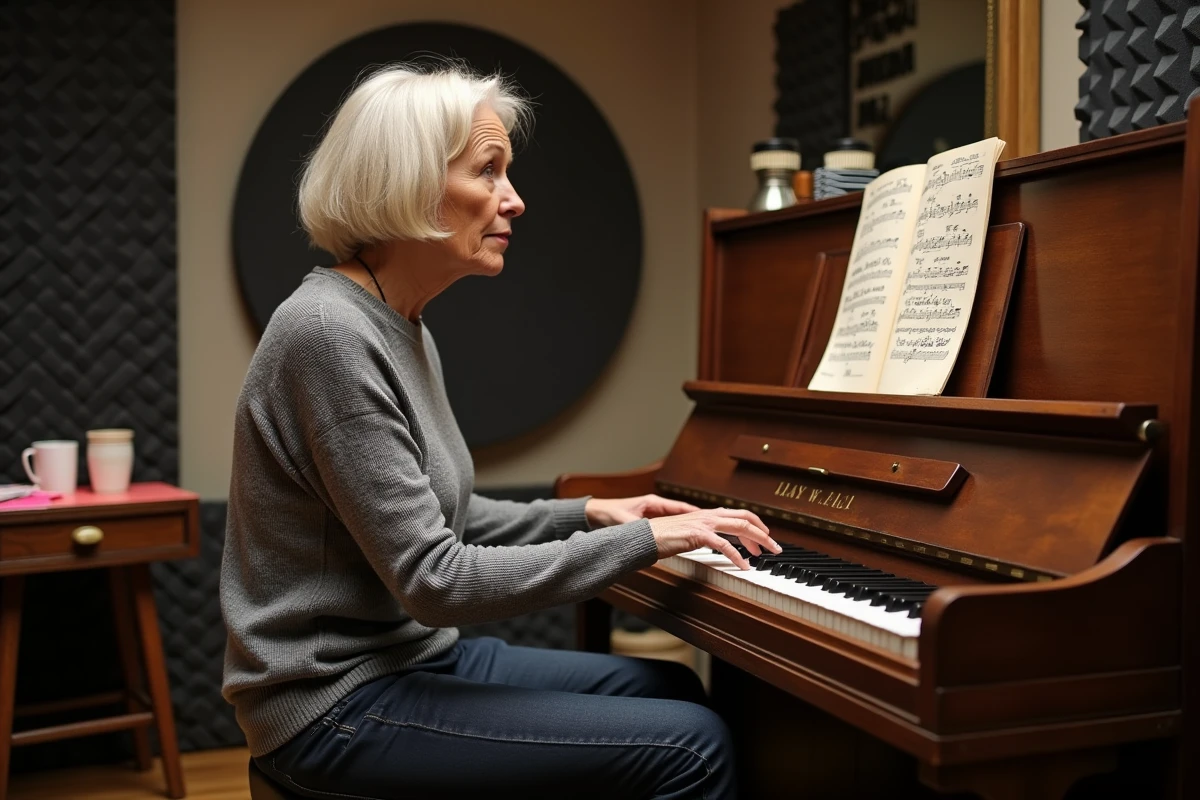 Chanteuse expérimentée assise au piano dans un studio de répétition regardant ses partitions manuscrites avec une expression pensive