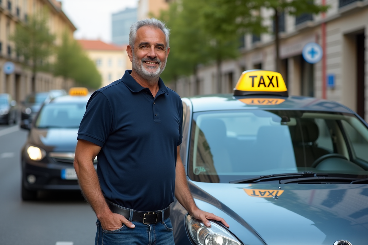 Chauffeur de taxi avec taxi dans une rue urbaine
